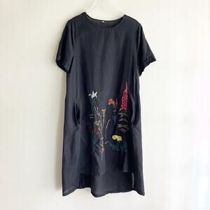 Linen Cotton Floral Embroidered Dress Size Large Short Sleeve Shift Pockets Boho